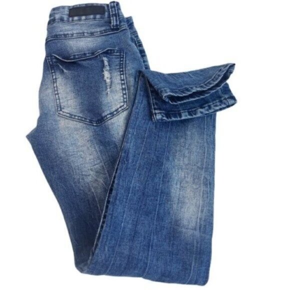 Black Premium Skinny Flex Blue trendy Jeans Distressed Patches Sz 28 /28 Hemmed - Picture 4 of 10